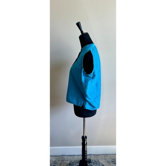 Eileen Fisher Women's Turquoise Silk Sleeveless Petit Bishop Collar Top Size PM - Picture 6 of 8
